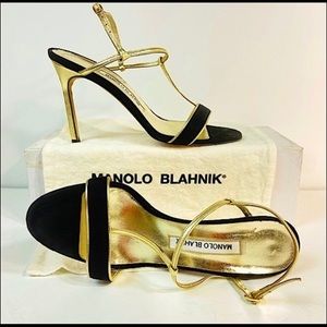 Manolo Blahnik black suede and gold sandals
